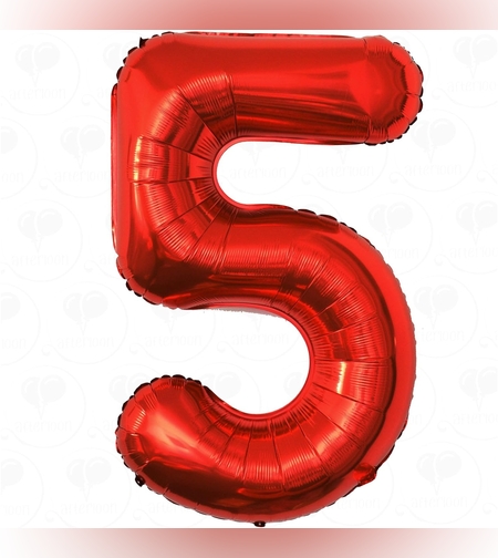 Balon din Folie Metalizata Flippy, Figurina Cifra, Tema Aniversare 40 cm, Ambalaj Individual, Pai inclus, Umflare cu Aer sau Heliu, Rosu, Cifra 5
