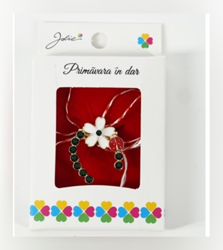 Martisor Brosa Mica in Cutie, Dimensiune Brosa 2.5-3 cm, Material Metal, Model Potcoava cu Floare Alba