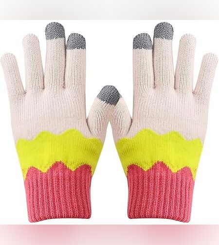 Manusi de Dama, Flippy, Model Ondulat, Functie Touchscreen (ecran tactil), Material Acril Tricotat, Manseta Elastica, Interior Catifelat, Marime Universala, Galben/Roz