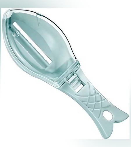 Curatator Manual Solzi de Peste, Flippy, Forma Peste , Recipient cu Capcac pentru Solzi, Plastic, Albastru deschis, 16x6 cm