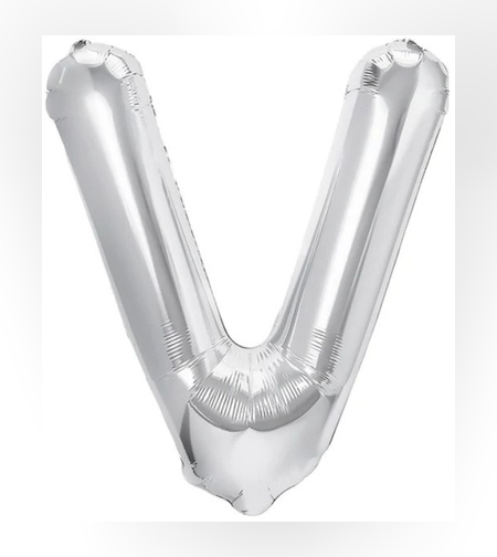 Balon Folie Metalizata Litera V, Flippy, 40 cm, Umflati cu Heliu sau Aer, Ambalaj Individual, Pai inclus, Argintiu