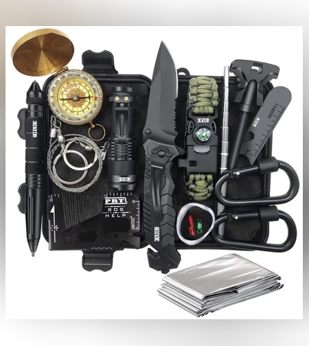 Kit supravietuire multifunctional 16 in 1 Flippy, Instrumente profesionale, Agatatoare ghiozdan, pentru Camping, Drumetii, Aventuri in aer liber, borseta inclusa, negru