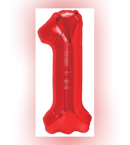 Balon din Folie Metalizata Flippy, Figurina Cifra, Tema Aniversare 40 cm, Ambalaj Individual, Pai inclus, Umflare cu Aer sau Heliu, Rosu, Cifra 1