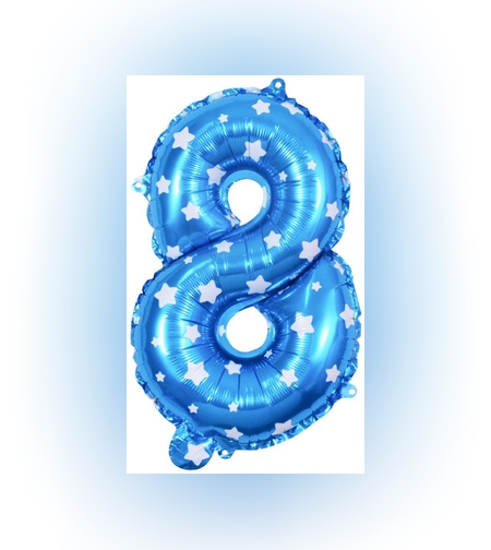 Balon din Folie Metalizata Flippy, Figurina Cifra, Imprimeu Stele, Tema Aniversare 80 cm, Ambalaj Individual, Pai inclus, Umflare cu Aer sau Heliu, Albastru, Cifra 8