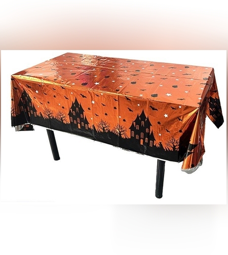 Fata de Masa, Flippy, din Folie, Imprimeu Halloween - Casa Bantuita, 137 x 183 cm, Portocaliu