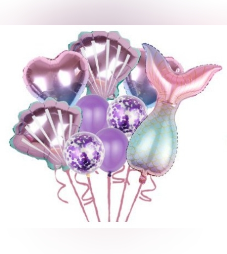 Set baloane aniversare pentru fetita, set din 9 baloane, Flippy, Tematica Sirene, 5 Baloane Folie, 4 baloane latex, cu inimii Mov metalizat