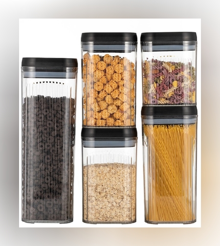 Cutii de Depozitare Alimente, Flippy, Set din 5 Cutii de tip Container, Recipiente pentru Cereale in Bucatarie,  Transparente cu Capac Negru