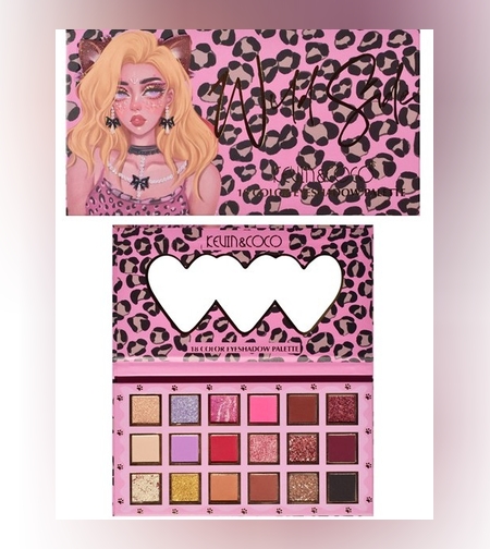 Paleta de farduri Kevin&Coco, 18 nuante, imprimeu leopard-print roz, oglinda interioara, dreptunghiulara, 19 x 10 cm, 180 g, multicolor