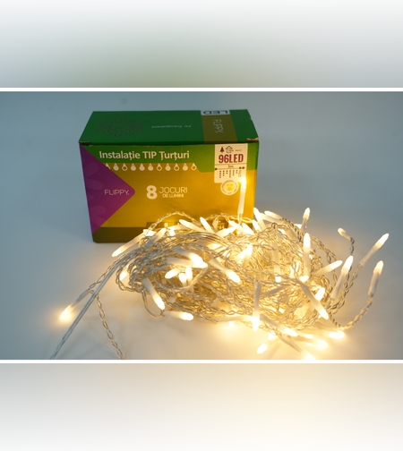 Sectiune Instalatie de Craciun Flippy® Tip Turturi, 8 jocuri de lumini 3 m, 96 LED-uri, Interconectabila, Fir Transparent, Alb Cald, Atentie! nu contine alimentator
