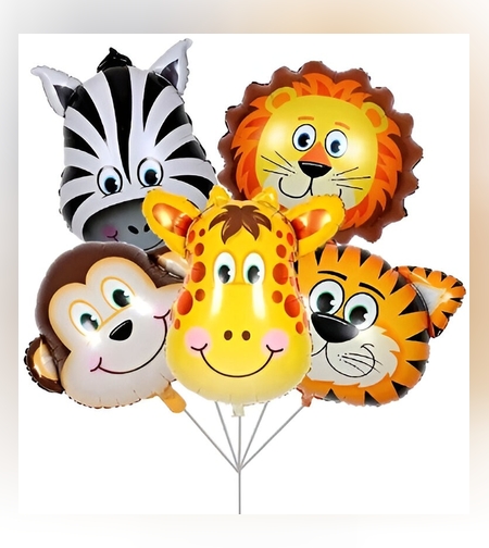 Set 5 Baloane Folie Metalizata, Flippy, Figurine Animale Salbatice, 30 cm, Ambalaj Individual, Pai inclus, Umflare cu Aer sau Heliu, Multicolor