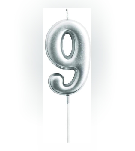 Lumanare de Tort, Flippy, Model Cifra 9, Party, 4.5 x 2.5 cm, din Parafina, Argintiu