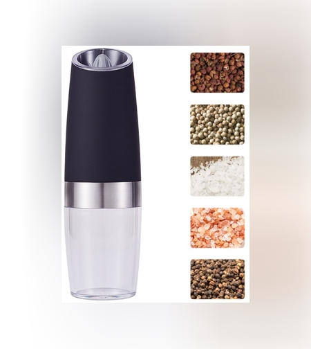 Rasnita Electrica Sare si Piper, Flippy, cu Camera Depozitare Transparenta, Macinare, Functionare pe Baterii, cu Lumina, ABS, 20x6.5 cm, Negru/Transparent