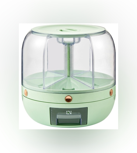Dozator de cereale Flippy, rotativ 360, 6 compartimente, capacitate 6 L, rezistent la umezeala, inchidere etansa, verde deschis