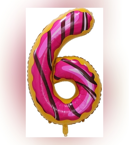 Balon din Folie Metalizata Flippy, Figurina Cifra, Imprimeu Gogosi, Tema Aniversare 100 cm, Ambalaj Individual, Pai inclus, Umflare cu Aer sau Heliu, Multicolor, Cifra 6