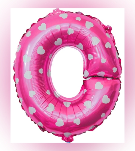 Balon Folie Metalizata Litera O, Flippy, 40 cm, Cu Imprimeu Inimioare, Umflati cu Heliu sau Aer, Ambalaj Individual, Pai inclus, Roz