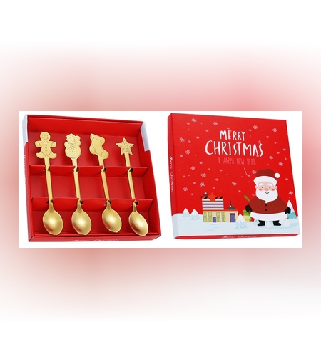 Set 4 Lingurite, Flippy, Tema Craciun, din Otel Inoxidabil, 4 Modele Festive, Cutie Cadou, 14 x 14 x 2.5 cm, Auriu