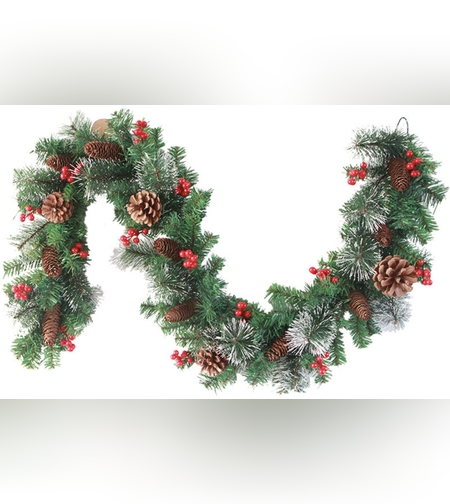 Ghirlanda de Craciun, cu merisoare si conuri, din brad artificial, cu parti de pin inzapezit, 180 cm, Verde