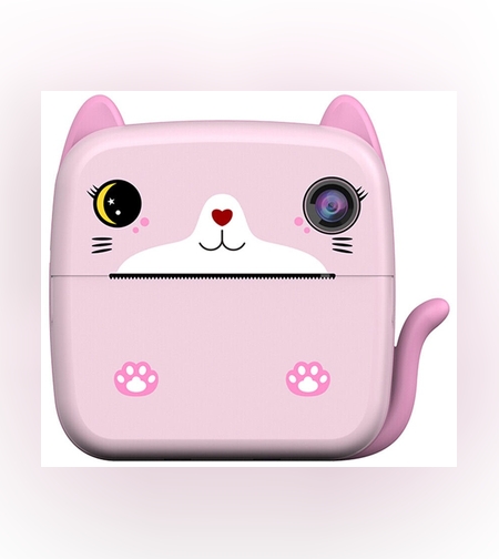 Set Camera Instantanee pentru Copii, Flippy, Ecran HD 2.4'', 24MP, 720P Video, 1200 mAh, cu Functie de Printare Alb-Negru, cablu USB-C, Bluetooth, Compatibil iOS/Android, Imprimare APP, Model Kitty, Roz
