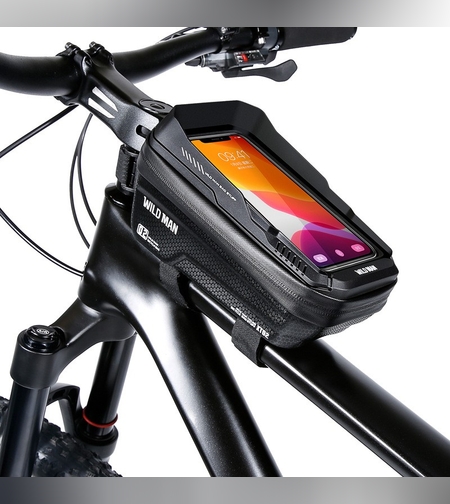 Borseta pentru bicicleta cu suport de telefon Flippy, capcitate 1L, 20.5x11.1x10.5 cm, cu spatiu de stocare, protectie waterproof, ecran tactil, fixare in 3 locuri, protectie lumina, orificiu casti, negru