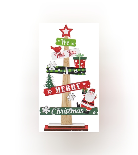 Decoratiune de Craciun din Lemn, Flippy, pentru Masa, Scris We Wish You A Merry Christmas, Model Bradut, 21.5x12.2x4 cm, Multicolor