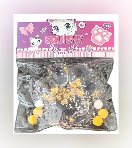 Jucarie Antistres Squishy, Flippy, cu Revenire Lenta, Model Labuta de Pisica Pufoasa, 12.5x10.5 cm, 220g, Squeeze Pinch Family,  Galben Transparent