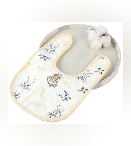 Baveta in Forma de U, Flippy, din Bumbac, pentru Copii 0-12 Luni, Rezistenta la Apa, cu Capse, Model cu Iepurasi, 21x30 cm, Bej