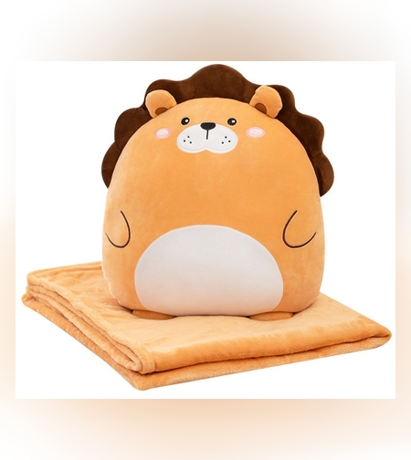 Patura 2in1 pentru Pat sau Canapea, Flippy, Model Jucarie Leu cu Spatiu de Depozitare Patura, Microfibra, 1x1.7 m, Maro