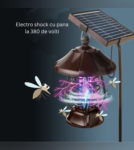 Lampa solara pentru gradina, anti-insecte, tantari, muste, UV, LED, material ABS, putere 5W, 1.2 V, autonomie 8 ore, 2 moduri de functionare, IP65, electric shock 380 volti, 30 x 19.5 cm, maro