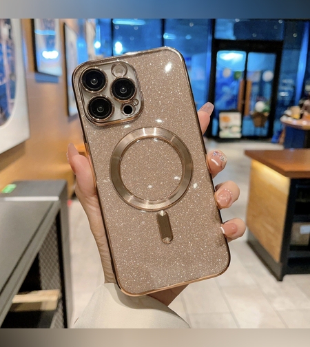 Husa de Protectie 2 in 1, Flippy, pentru iPhone 14 Pro Max, Glitter Chrome Magsafe, din TPU, Magnetica, cu Protectie Lentila, Auriu