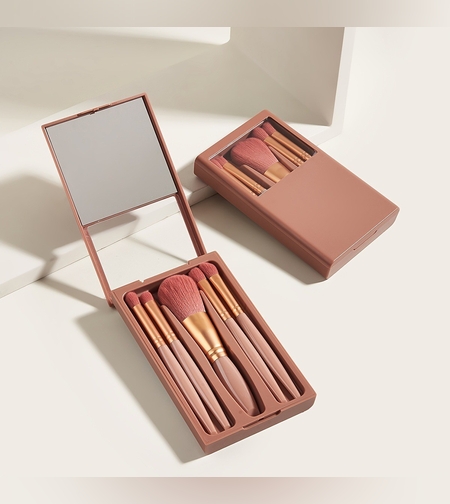 Set 5 Pensule de Machiaj cu Peri Moi, Flippy, cu Suport pentru Depozitare si Oglinda, Roz Inchis