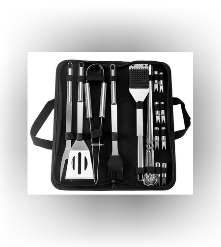 Set 20 Ustensile pentru Gratar, Flippy, din Otel Inoxidabil, Geanta Oxford, Argintiu