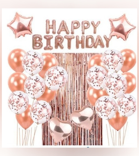 Set 24 de baloane folie si latex, 10 baloane latex simple, 10 bloane latex cu paiete, 4 baloane folie, ribon, 1x2 m perdea, Rose Gold