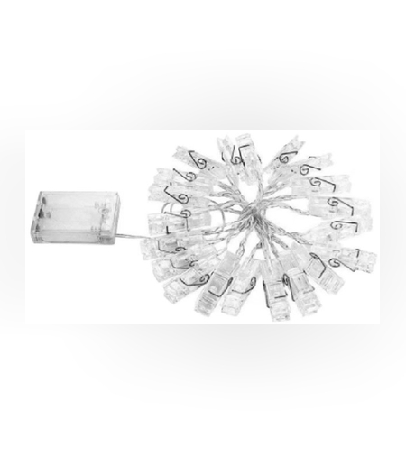 Ghirlanda Luminoasa cu 10 Clipsuri pentru Poze, Flippy, 1.5 m, cu Baterii si Telecomanda, 8 Programe, Fir Argintiu, Alb Cald