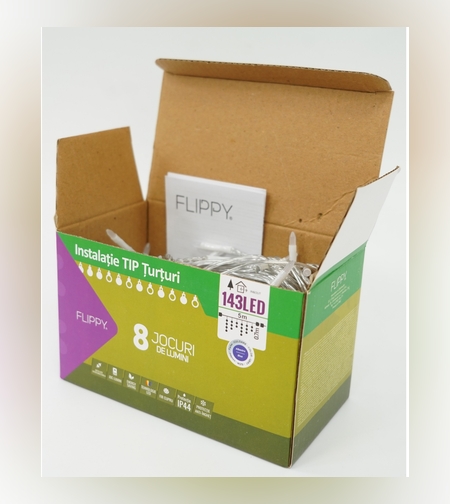 Sectiune Instalatie de Craciun, Flippy®, Tip Turturi, Fara Alimentator, 5m, 143 LED-uri, 8 Jocuri de Lumini, Fir Transparent, Lumina Albastra, IP44, Interconectabila