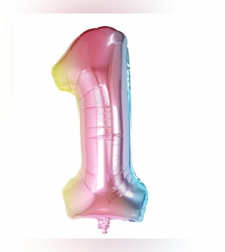 Balon din Folie Metalizata Flippy, Figurina Cifra Gradient, Tema Aniversare 40 cm, Ambalaj Individual, Pai inclus, Umflare cu Aer sau Heliu, Multicolor, Cifra 1