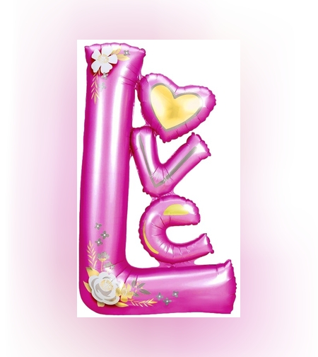 Balon din Folie Metalizata, Flippy, Figurine, Model LOVE, Tematica Iubire, 110x64 cm, Ambalaj Individual, Pai Inclus, Umflare cu Aer sau Heliu, Mov