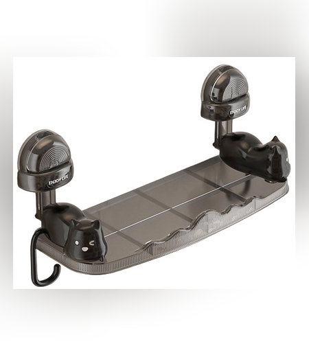 Suport pentru Baie, Flippy, Montare pe Perete, Model Pisicute, ABS, Adeziv, Raft pentru Depozitare, 33.4x17.7 cm, Negru
