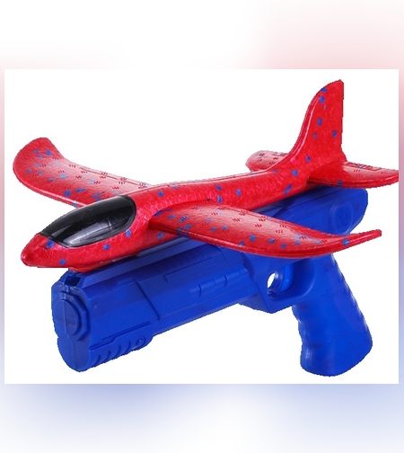 Pistol cu Lansator de Avion, Flippy, din Polistiren+Plastic, +3 Ani, Avion 38 cm, Lansare 10 m, Albastru/Rosu