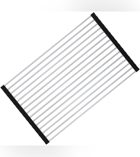 Covoras de Scurgere pentru Chiuveta Bucatarie, din Otel Inoxidabil, Suport Chiuveta, Pliabil, Antiderapant, Usor de Curatat si de Depozitat, 37x30 cm, 15 Tuburi, Negru