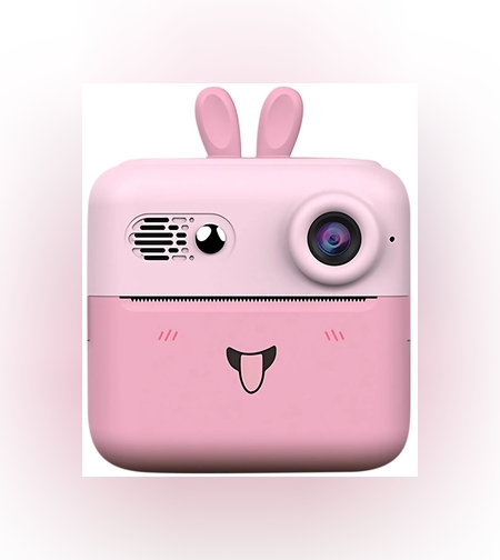 Camera Instantanee pentru Copii, Flippy, cu Functie de Printare, Cablu USB-C, Bluetooth, Compatibil iOS/Android, Imprimare APP, Model Iepure, Snur de Agatat Inclus, Roz