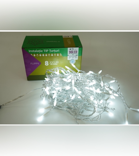 Instalatie de Craciun Flippy® Tip Turturi, 8 jocuri de lumini Sectiune 3 m, 96 LED-uri, Interconectabila, Fir Transparent, Alb Rece