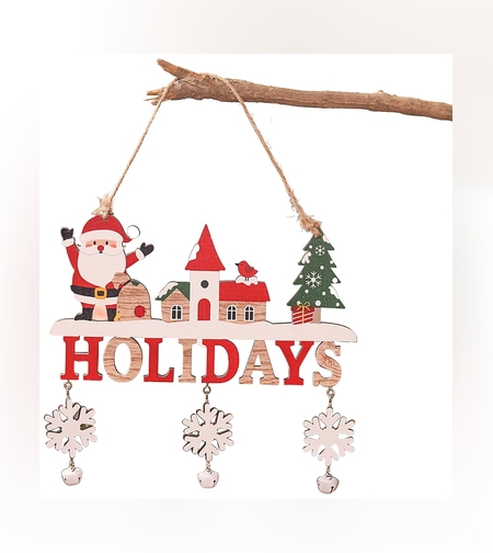 Decoratiune de Craciun din Lemn, Flippy, cu Snur pentru Agatare in Brad, Model Mos Craciun, Scris Let It Snow, 21.9x19 cm, Multicolor