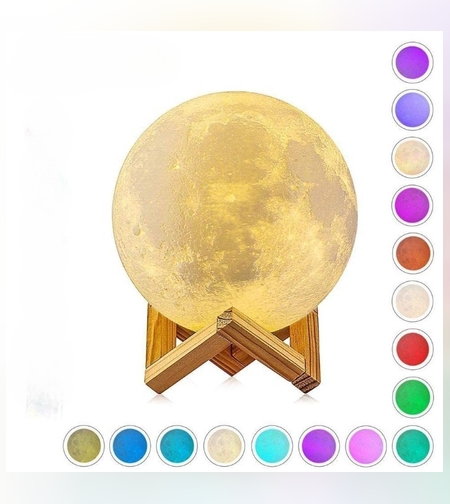 Lampa de veghe in forma de luna 3D Moon Light Multicolor, alimentare baterii, stand plastic inclus, 8 cm, Flippy