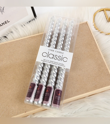 Set 4 Lumanari pentru Masa, Cina, Decor, Flippy, Model Rasucit, Lungime 25 cm, Argintiu