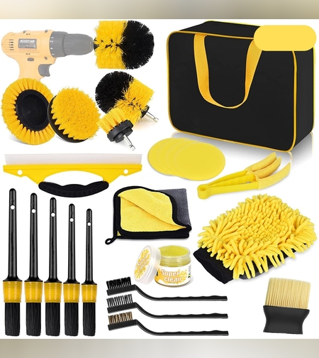 Set 23 Accesorii pentru Curatare Auto, Flippy, din PP si Microfibra, Interior/Exterior, 30 x 24 x 12 cm, Galben/Negru