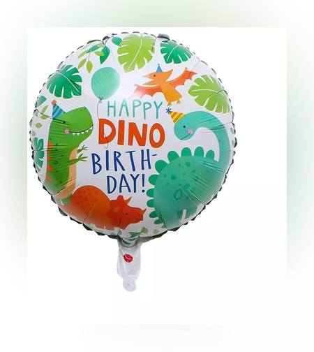Balon din Folie Metalizata, Flippy, Mini Figurina Rotunda, Model Happy Birthday cu Dinozauri, Tema Aniversare, 45 cm, Ambalaj Individual, Pai inclus, Umflare cu Aer sau Heliu, Multicolor