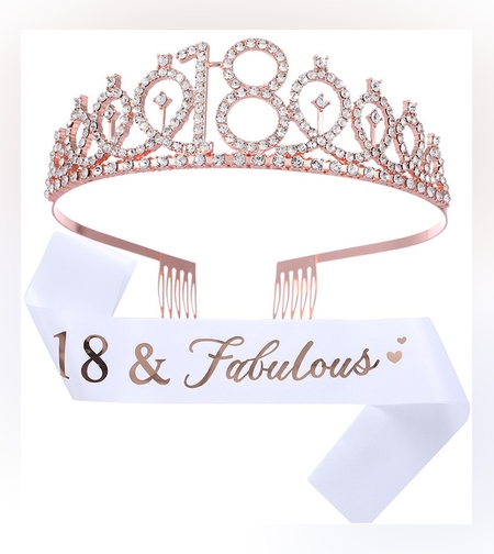 Set 2 Piese pentru Majorat, Flippy, 15 x 13 x 5 cm, Coronita Printesa Rose si Panglica 18&Fabulous, Alb