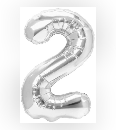 Balon din Folie Metalizata, Flippy, Figurina Cifra, Tema Aniversare 40 cm, Ambalaj Individual, Pai inclus, Umflare cu Aer sau Heliu, Argintiu, Cifra 2