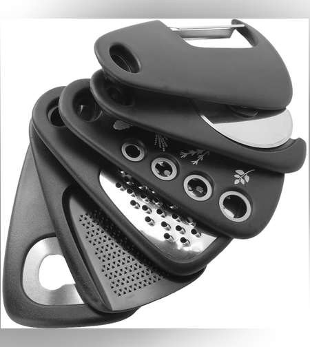 Set 6 in 1 mini ustensile bucatarie Flippy, taietor pizza, cutit, curatator, razatoare, desfacator, presa usturoi, manere din ABS, lame ascutite din otel inoxidabil, 7.1 x 12.9 x 4.8 cm,  negru