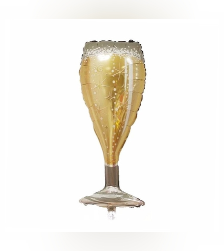 Balon din Folie Metalizata, Flippy, Figurina Pahar de Sampanie, Tema Aniversare, 100x40 cm, Ambalaj Individual, Pai Inclus, Umflare cu Aer sau Heliu, Auriu